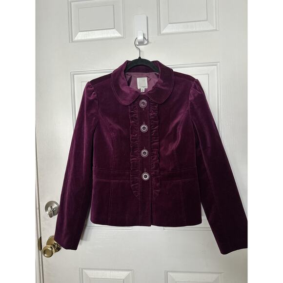 Halogen Jacket Womens Medium Purple Velvet Ruffle Front Peter Pan Collar Peplum - Picture 4 of 8